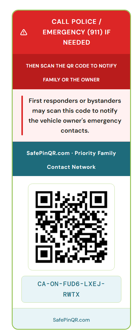 SafePinQR वाहन इमरजेंसी QR कोड स्टिकर का नमूना